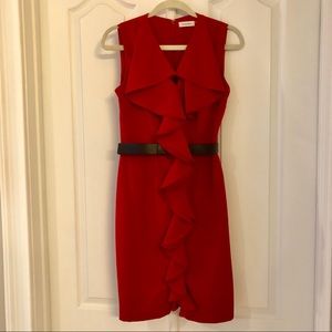 Calvin Klein Classic Red Belted V-Neck Dress